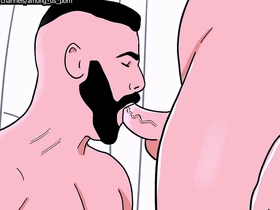Bearded straight man sucks a male bottom's ass then the bottom sucks the straight's cock - animated gay porn